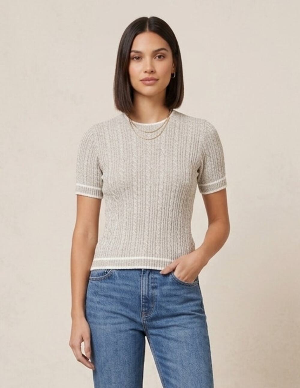 VTG 90s M.C. Collection Women's Short Sleeve Cream Marled Sweater S Grandmacore